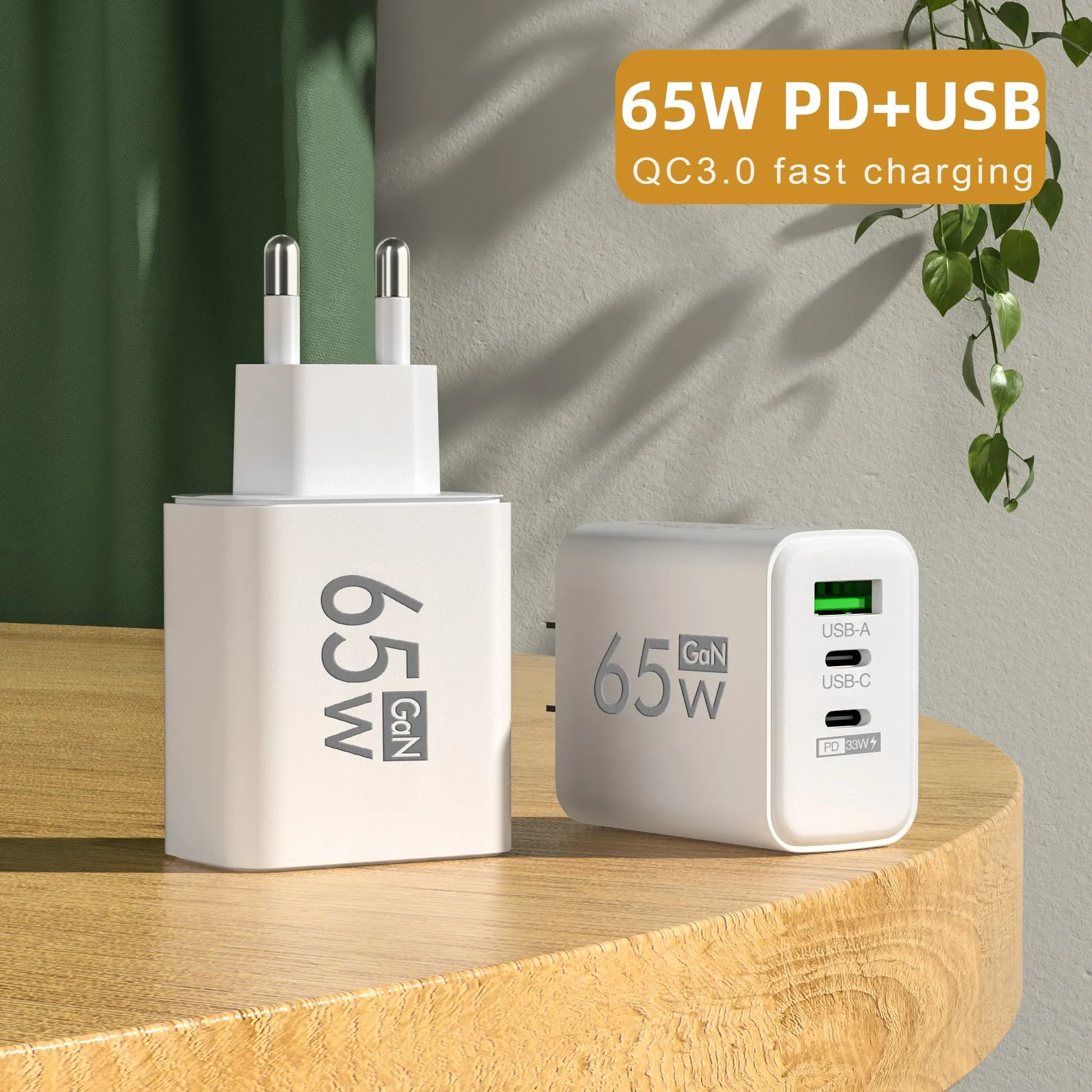 65W GaN USB-C Fast Charger – 3-Port PD Charging Adapter for iPhone 15 Pro Max, Samsung, Xiaomi, Huawei