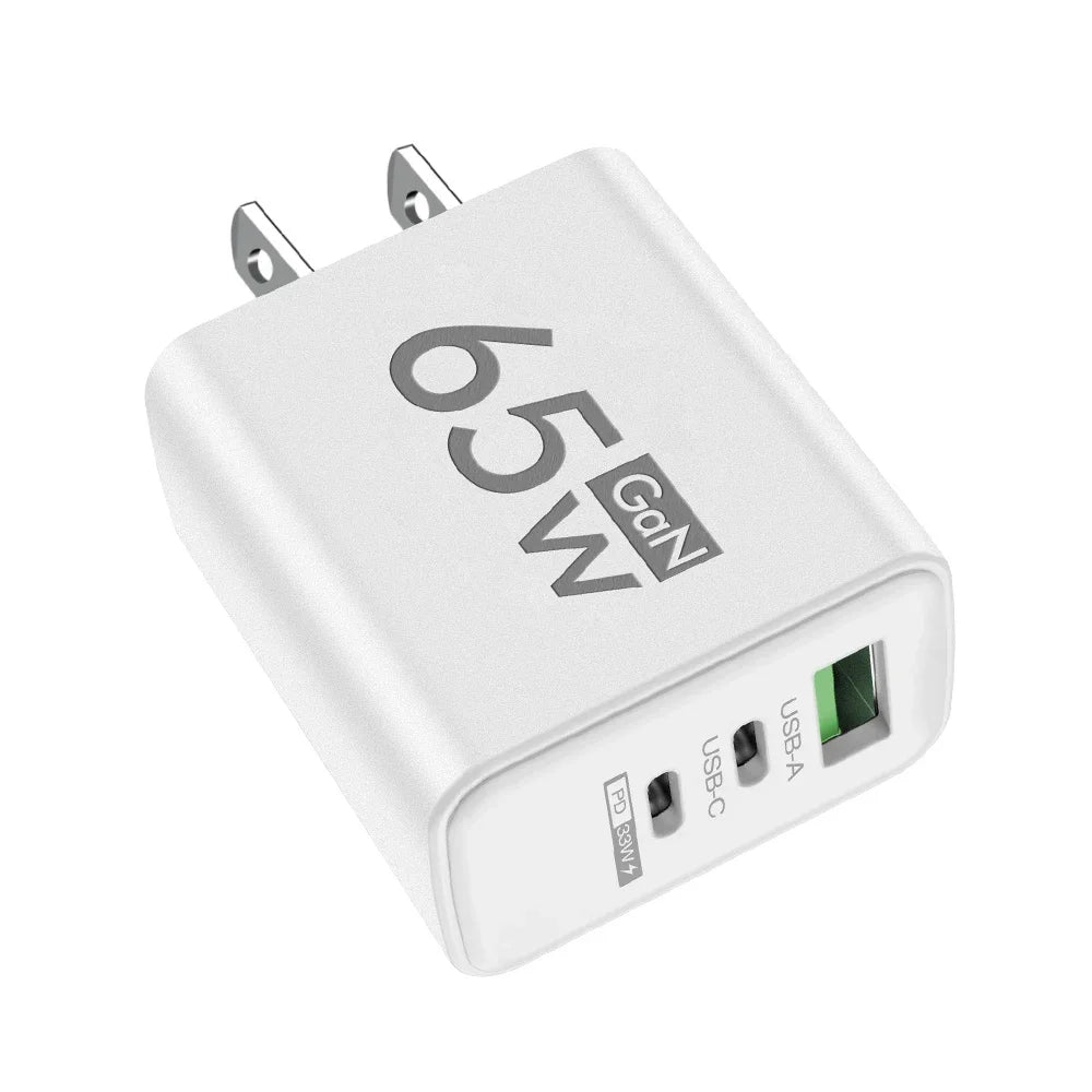 65W GaN USB-C Fast Charger – 3-Port PD Charging Adapter for iPhone 15 Pro Max, Samsung, Xiaomi, Huawei