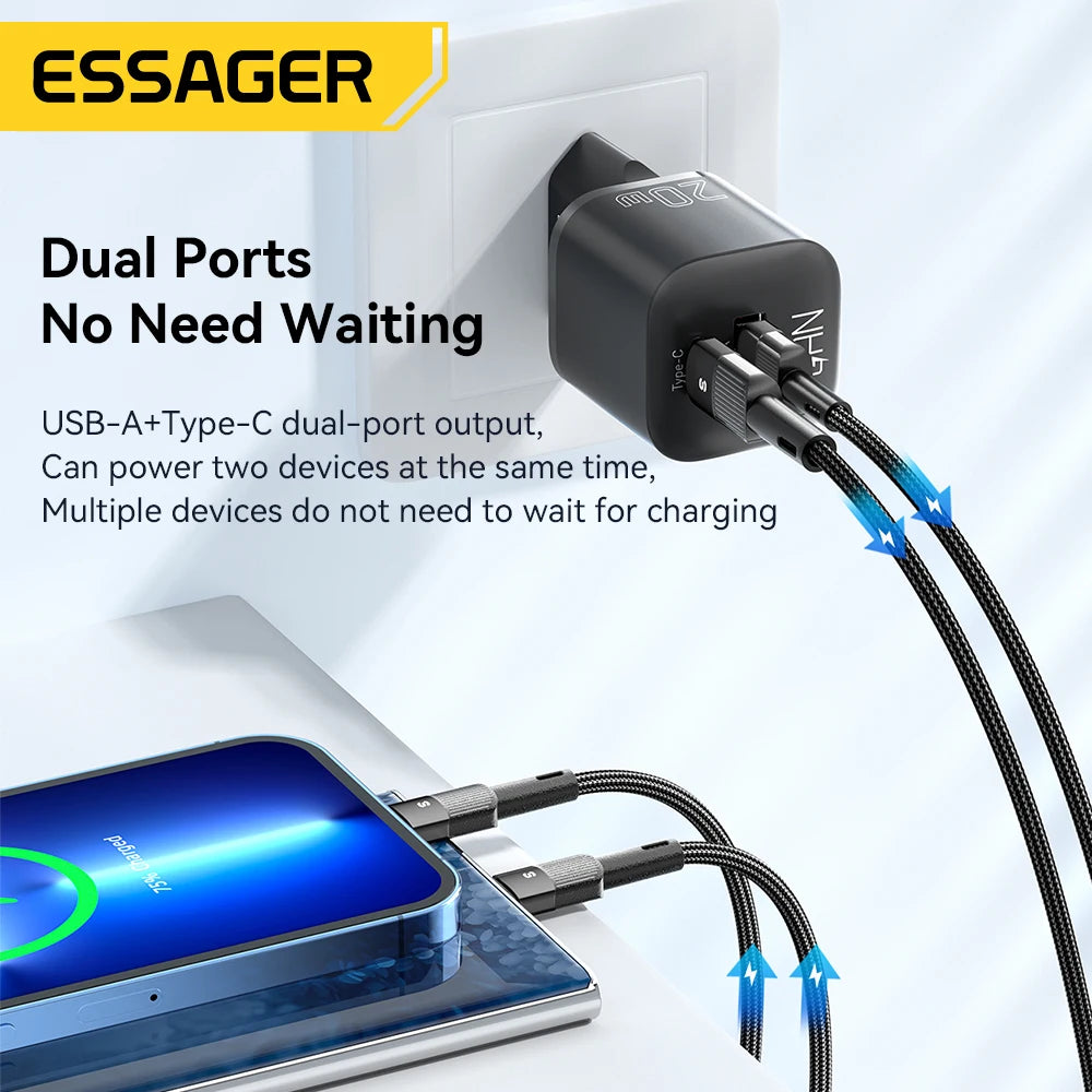 Essager 20W GaN USB-C Charger – PD & QC 3.0 Fast Charging Adapter for iPhone 14/13/12/11 Pro Max, iPad & More