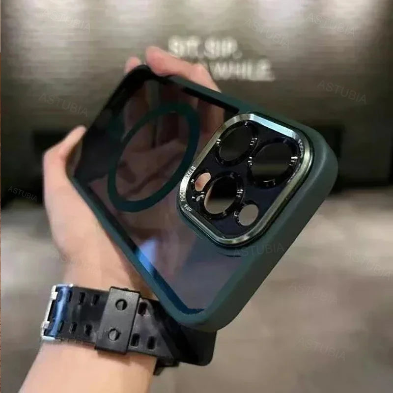 Luxury Magnetic Metal Lens Bumper Case for iPhone 13–16 Pro Max/Plus – Wireless Charging Clear Hard Cover
