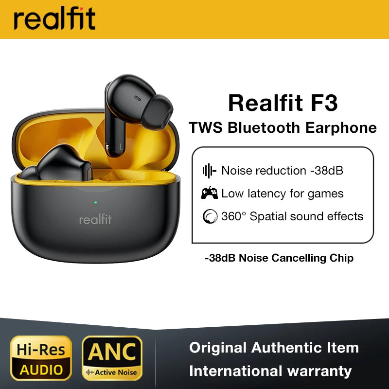 Realfit F3 ANC Bluetooth Earphones – Active Noise Cancellation, ENC Calls, HiFi Stereo, Superb Bass Wireless Earbuds for Sports & Gaming