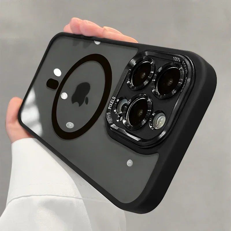Luxury Magnetic Metal Lens Bumper Case for iPhone 13–16 Pro Max/Plus – Wireless Charging Clear Hard Cover