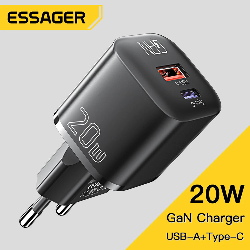 Essager 20W GaN USB-C Charger – PD & QC 3.0 Fast Charging Adapter for iPhone 14/13/12/11 Pro Max, iPad & More